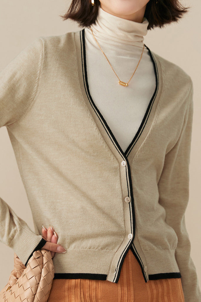 Classic Fine Knit V-Neck Button-Up Wool Cardigan with Contrast Trim  Fibflx