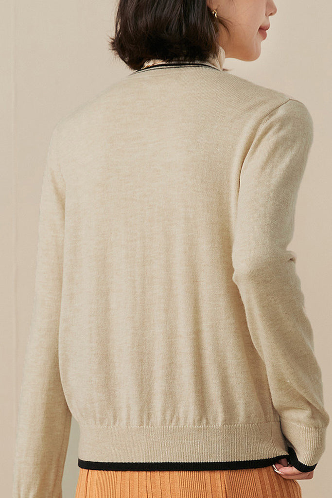 Classic Fine Knit V-Neck Button-Up Wool Cardigan with Contrast Trim  Fibflx