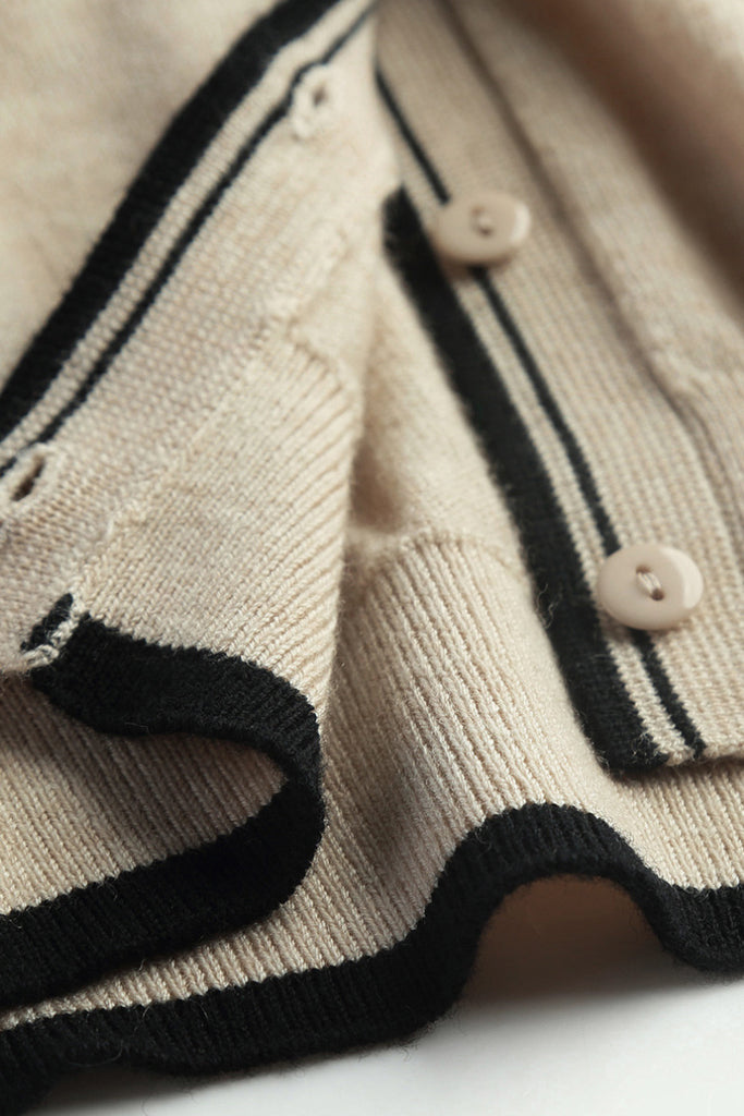 Classic Fine Knit V-Neck Button-Up Wool Cardigan with Contrast Trim  Fibflx