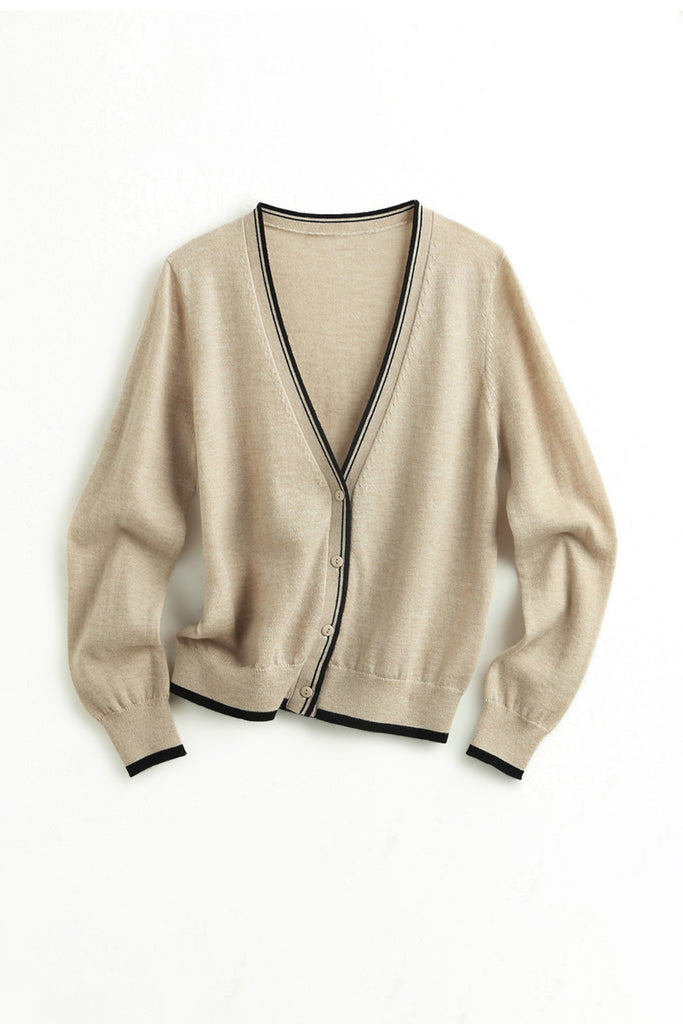 Classic Fine Knit V-Neck Button-Up Wool Cardigan with Contrast Trim  Fibflx