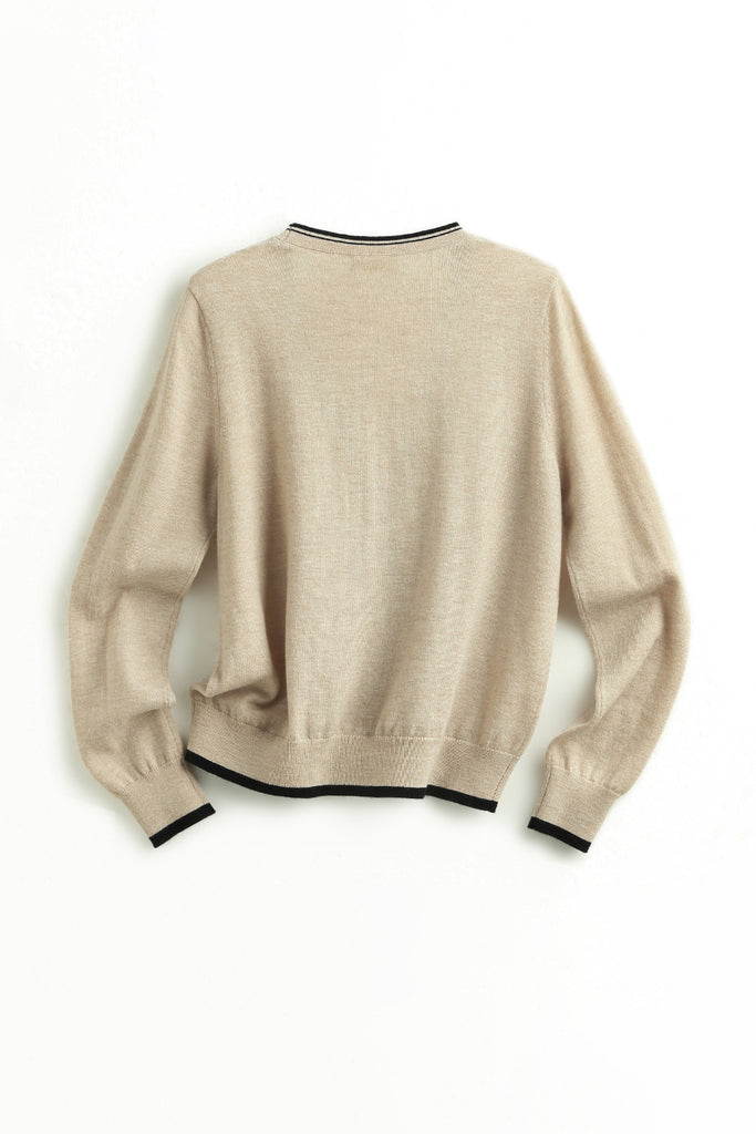 Classic Fine Knit V-Neck Button-Up Wool Cardigan with Contrast Trim  Fibflx