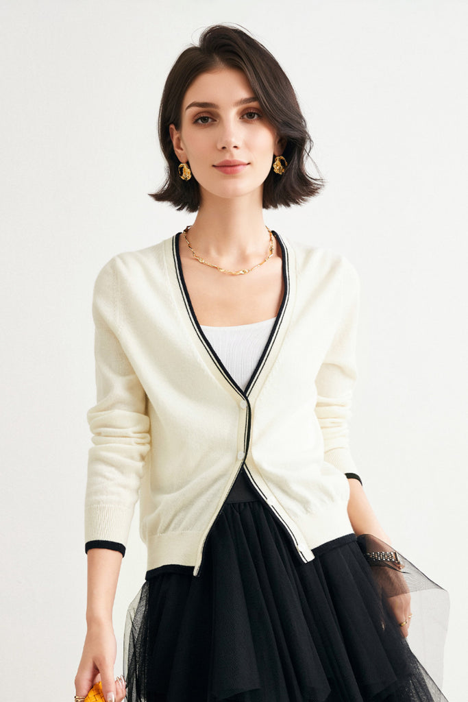 Classic Fine Knit V-Neck Button-Up Wool Cardigan with Contrast Trim XL / Off White / 100% Wool Fibflx