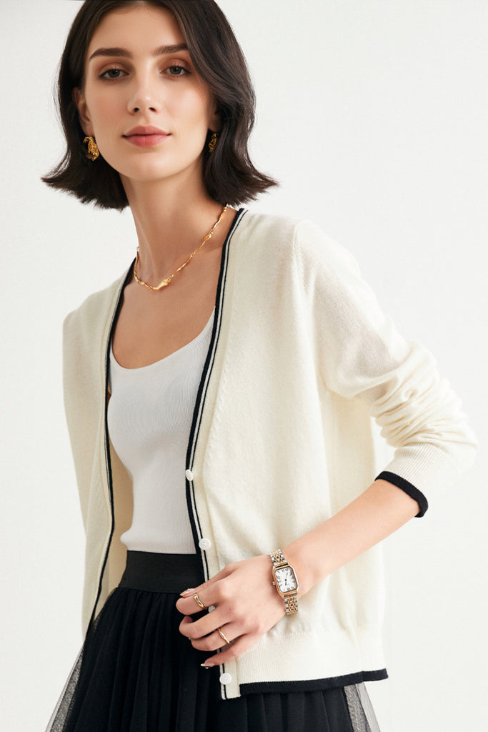 Classic Fine Knit V-Neck Button-Up Wool Cardigan with Contrast Trim  Fibflx