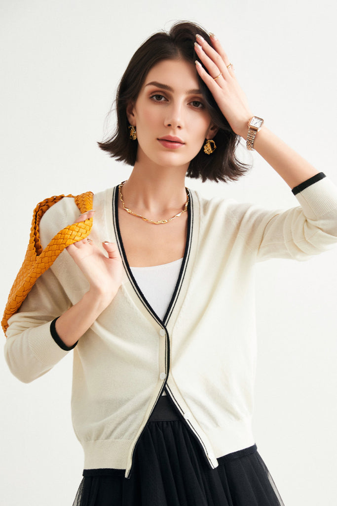Classic Fine Knit V-Neck Button-Up Wool Cardigan with Contrast Trim  Fibflx