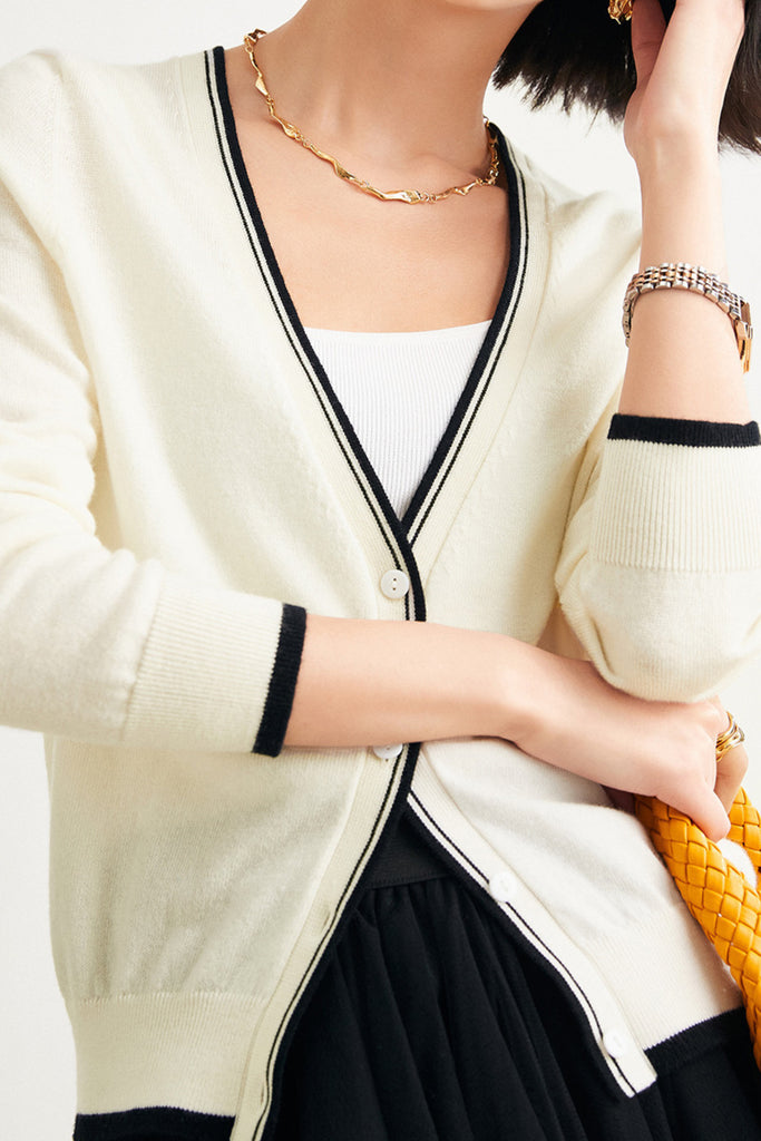 Classic Fine Knit V-Neck Button-Up Wool Cardigan with Contrast Trim  Fibflx