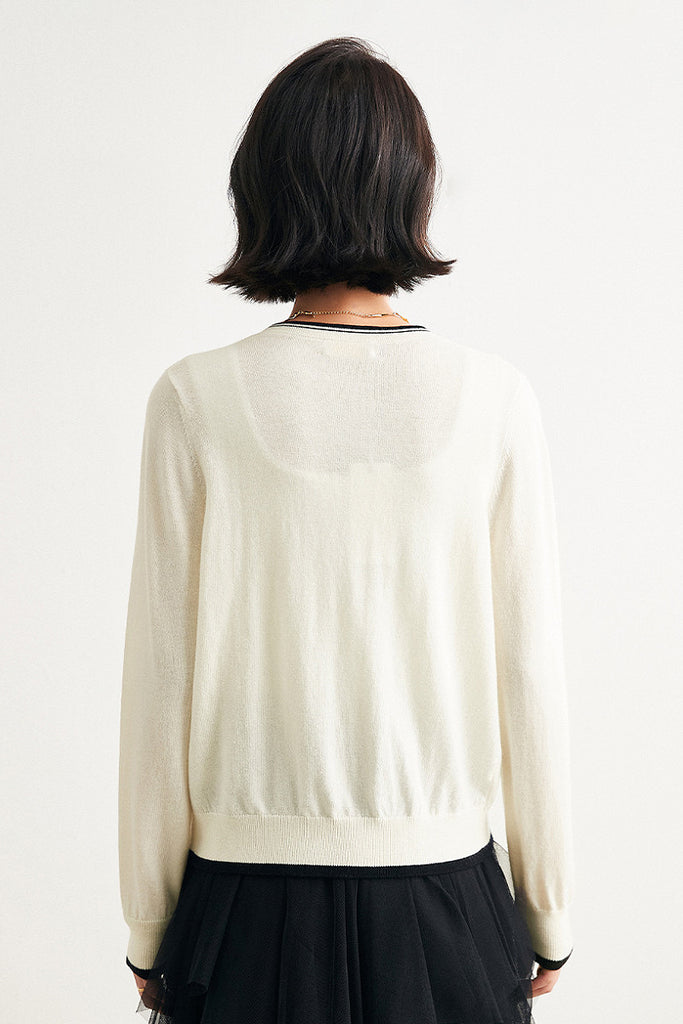 Classic Fine Knit V-Neck Button-Up Wool Cardigan with Contrast Trim  Fibflx