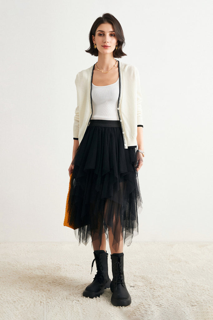 Classic Fine Knit V-Neck Button-Up Wool Cardigan with Contrast Trim  Fibflx