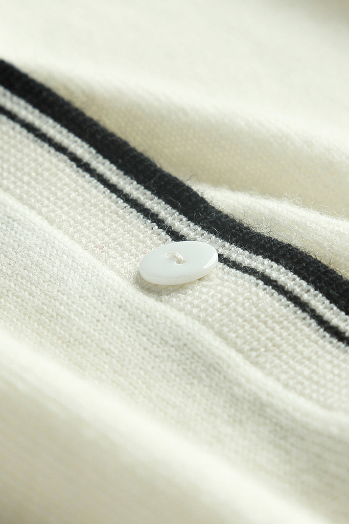 Classic Fine Knit V-Neck Button-Up Wool Cardigan with Contrast Trim  Fibflx