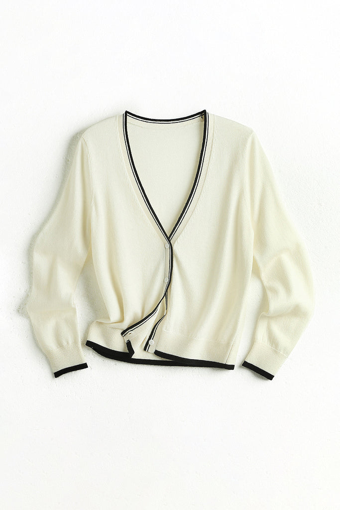 Classic Fine Knit V-Neck Button-Up Wool Cardigan with Contrast Trim  Fibflx