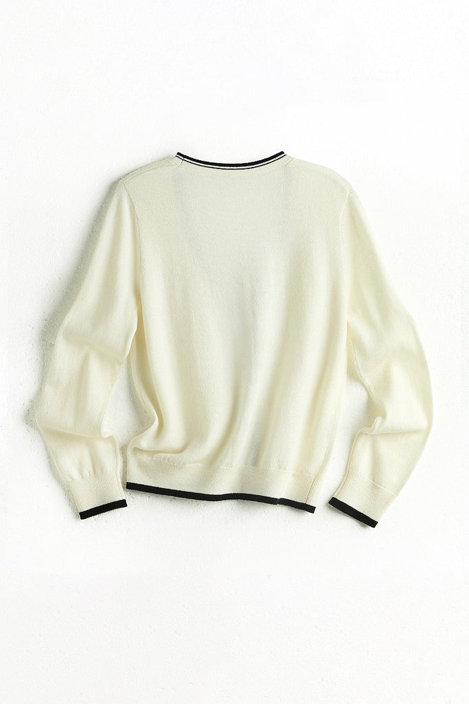 Classic Fine Knit V-Neck Button-Up Wool Cardigan with Contrast Trim  Fibflx