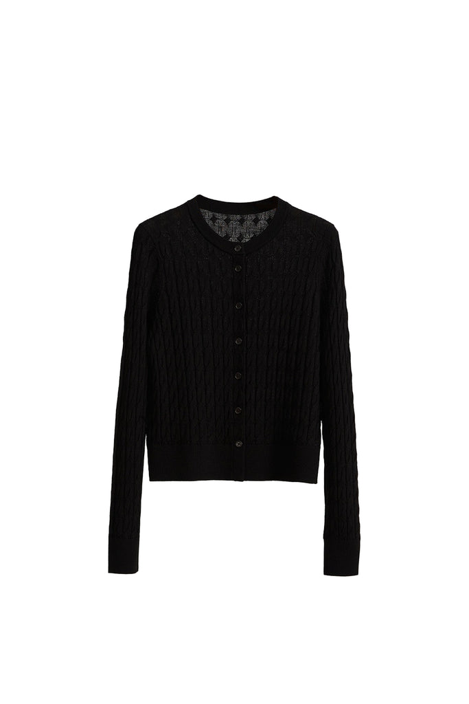 Classic-Fit Wool-Silk Cable Knit Crewneck Cardigan Black / L Fibflx