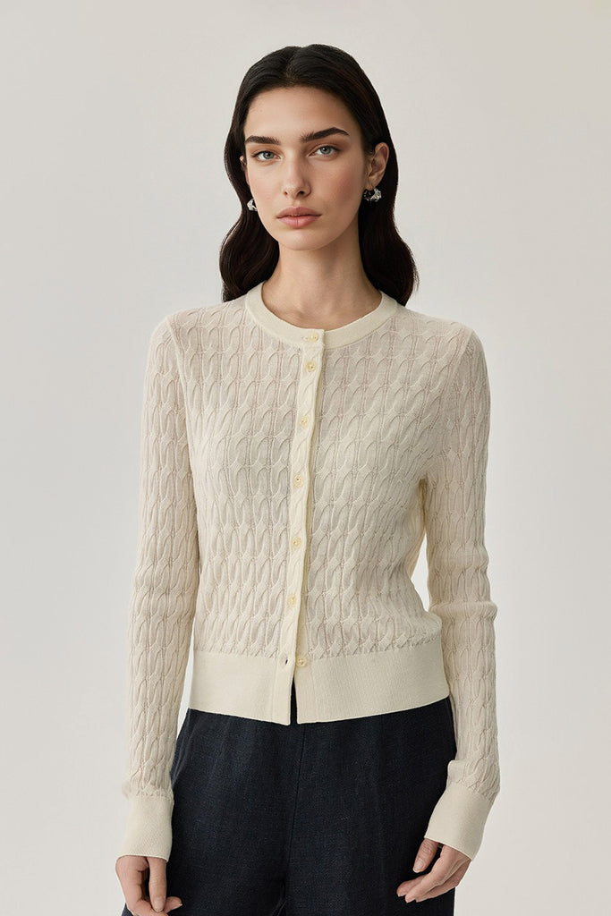 Classic-Fit Wool-Silk Cable Knit Crewneck Cardigan - Fibflx