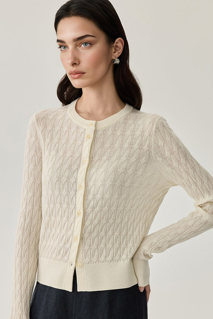 Classic-Fit Wool-Silk Cable Knit Crewneck Cardigan  Fibflx