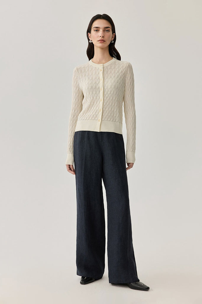 Classic-Fit Wool-Silk Cable Knit Crewneck Cardigan  Fibflx
