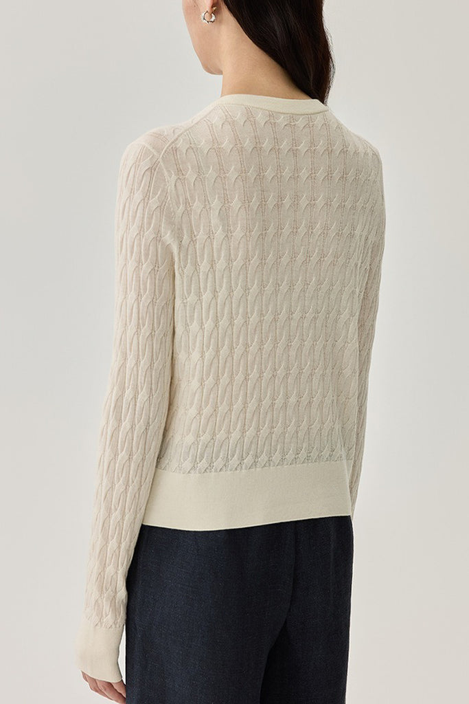 Classic-Fit Wool-Silk Cable Knit Crewneck Cardigan  Fibflx