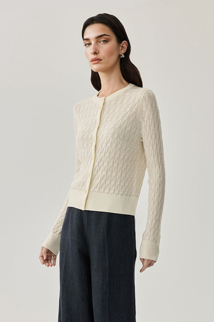Classic-Fit Wool-Silk Cable Knit Crewneck Cardigan  Fibflx