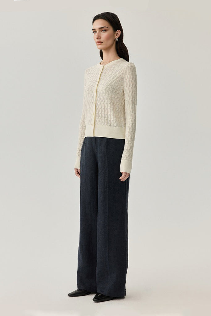 Classic-Fit Wool-Silk Cable Knit Crewneck Cardigan  Fibflx