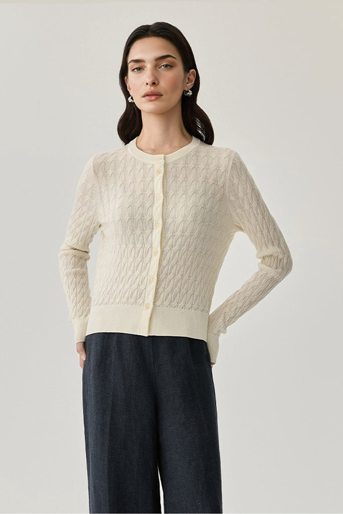 Classic-Fit Wool-Silk Cable Knit Crewneck Cardigan  Fibflx