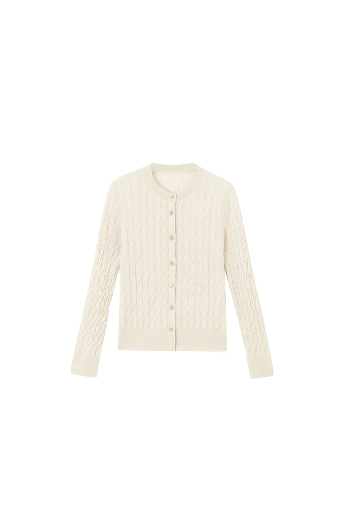 Classic-Fit Wool-Silk Cable Knit Crewneck Cardigan  Fibflx