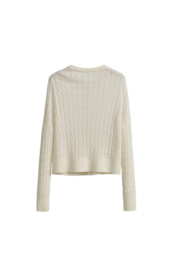 Classic-Fit Wool-Silk Cable Knit Crewneck Cardigan  Fibflx