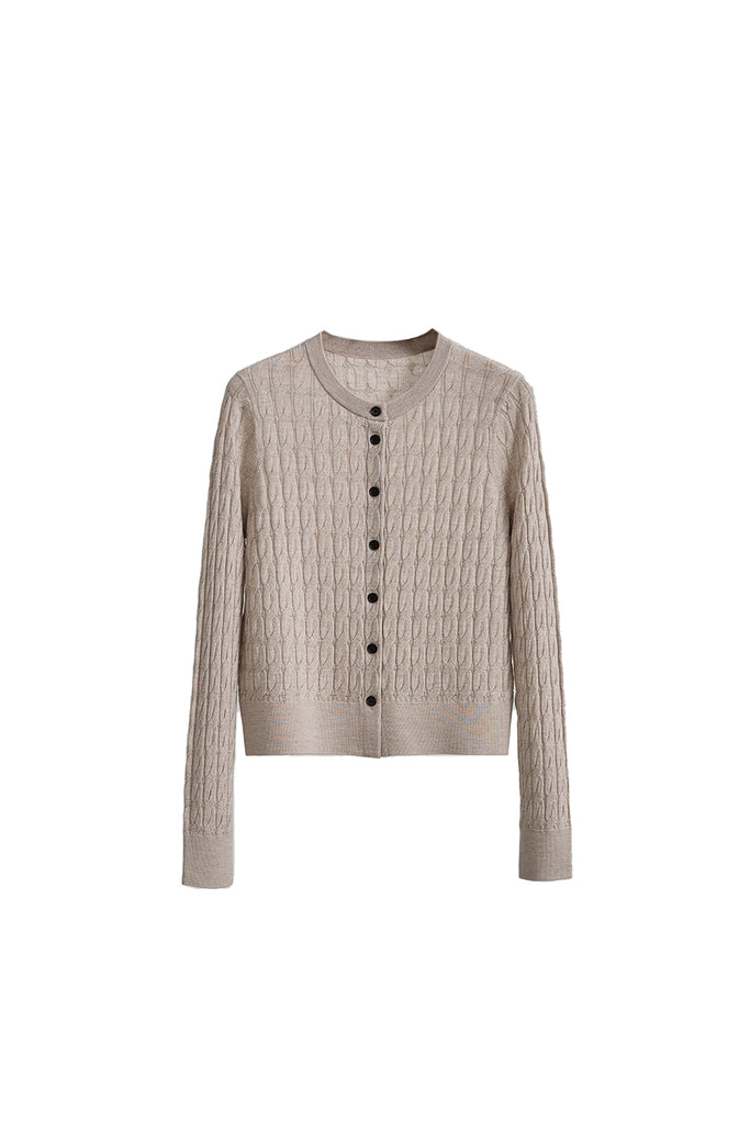 Classic-Fit Wool-Silk Cable Knit Crewneck Cardigan Oatmeal Beige / L Fibflx