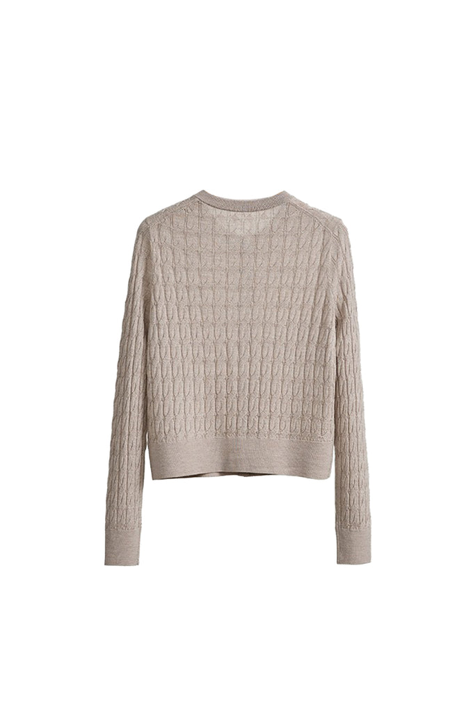 Classic-Fit Wool-Silk Cable Knit Crewneck Cardigan  Fibflx