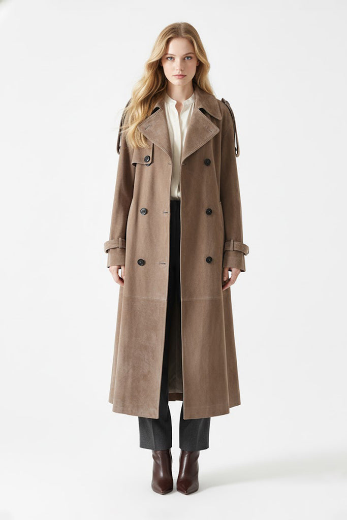 Classic Goatskin Suede Double-Breasted Trench Coat Milktea / L Fibflx
