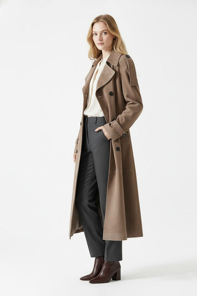 Classic Goatskin Suede Double-Breasted Trench Coat  Fibflx