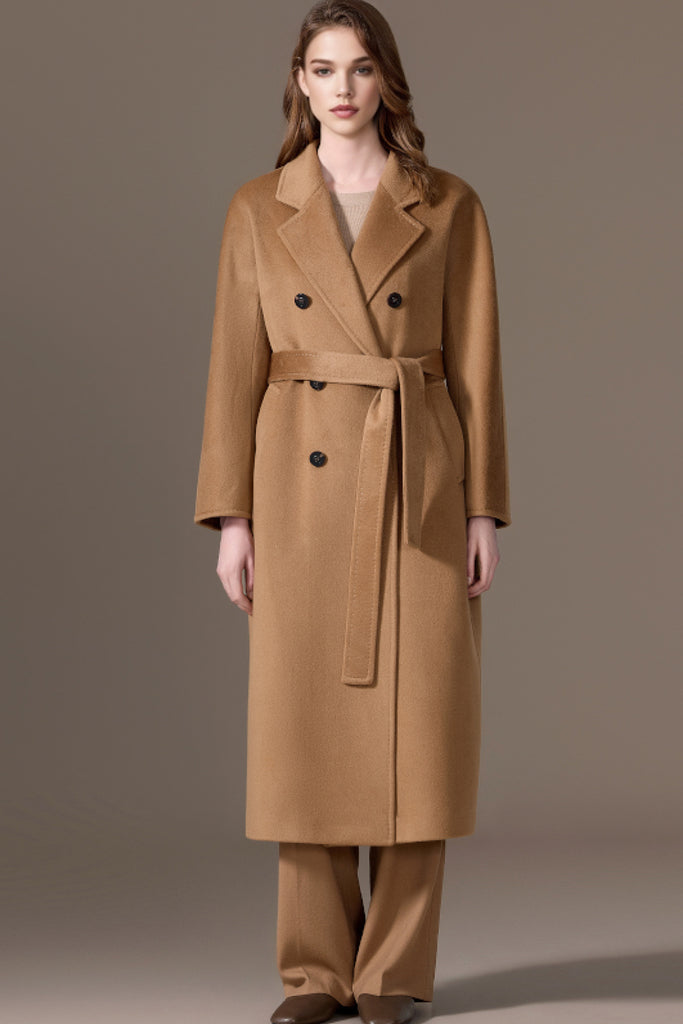 Classic Handcrafted Cashmere Double-Breasted Belted Maxi Coat  Fibflx