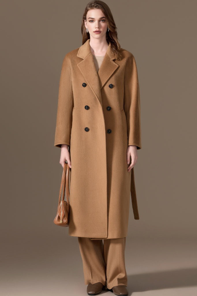 Classic Handcrafted Cashmere Double-Breasted Belted Maxi Coat  Fibflx