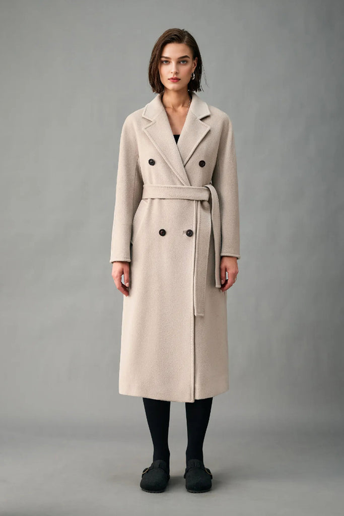 Classic Handcrafted Cashmere Double-Breasted Belted Maxi Coat  Fibflx