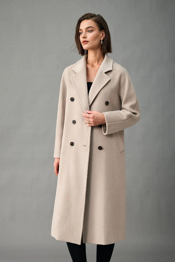 Classic Handcrafted Cashmere Double-Breasted Belted Maxi Coat  Fibflx