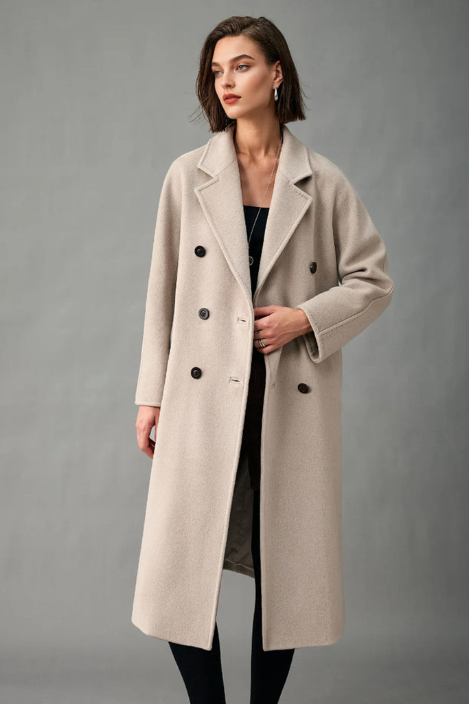 Classic Handcrafted Cashmere Double-Breasted Belted Maxi Coat  Fibflx