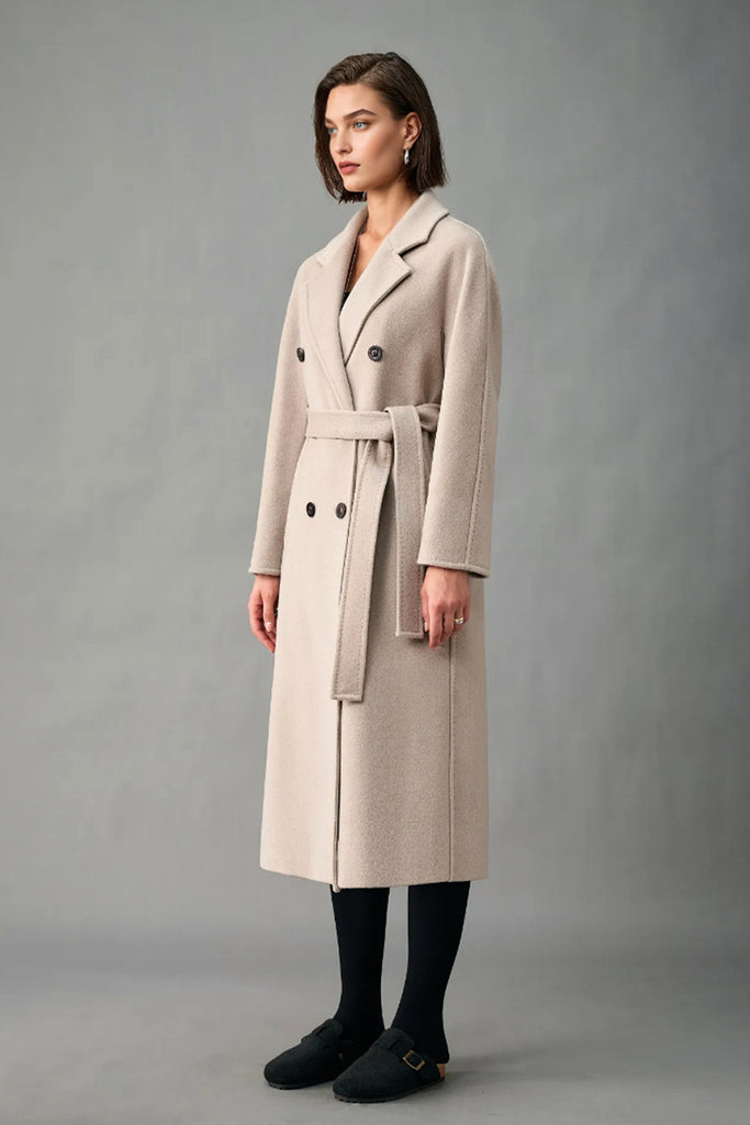 Classic Handcrafted Cashmere Double-Breasted Belted Maxi Coat  Fibflx