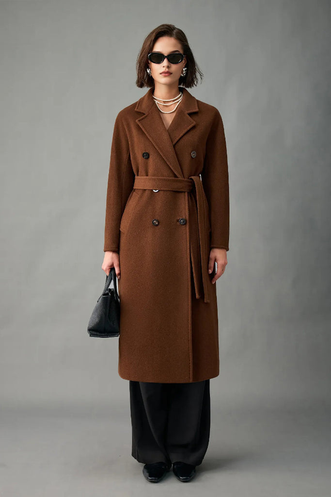 Classic Handcrafted Cashmere Double-Breasted Belted Maxi Coat  Fibflx