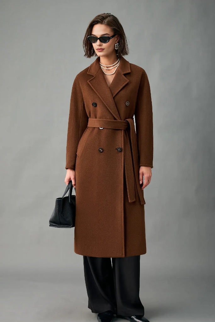 Classic Handcrafted Cashmere Double-Breasted Belted Maxi Coat  Fibflx