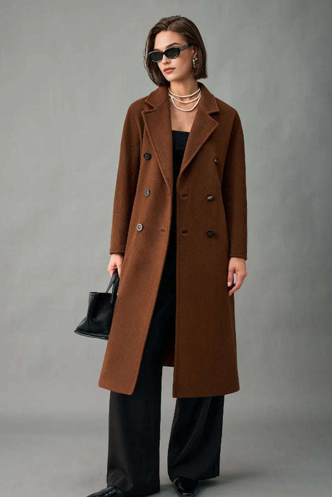 Classic Handcrafted Cashmere Double-Breasted Belted Maxi Coat  Fibflx