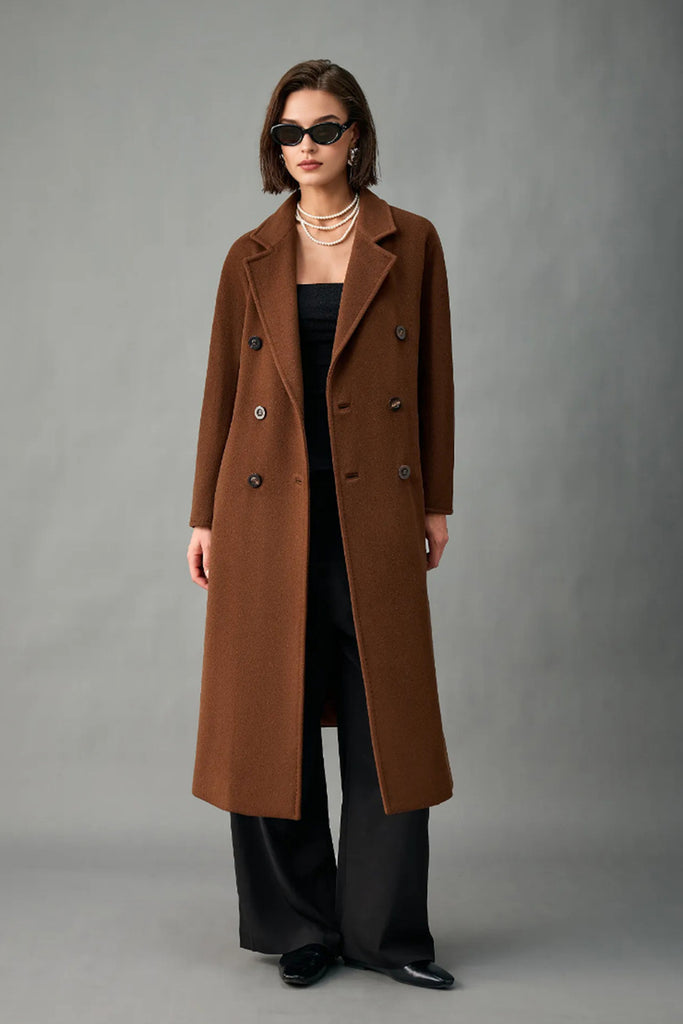 Classic Handcrafted Cashmere Double-Breasted Belted Maxi Coat  Fibflx