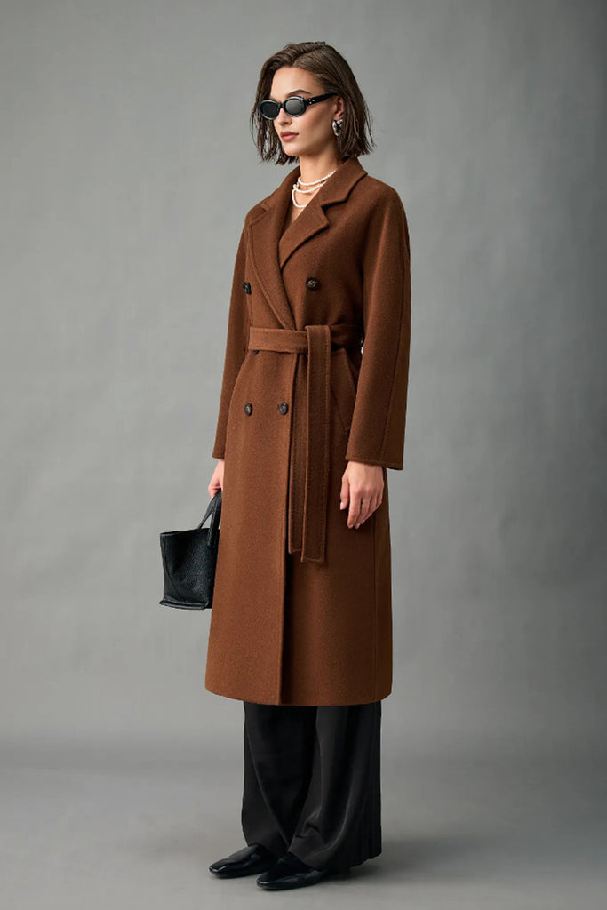 Classic Handcrafted Cashmere Double-Breasted Belted Maxi Coat  Fibflx
