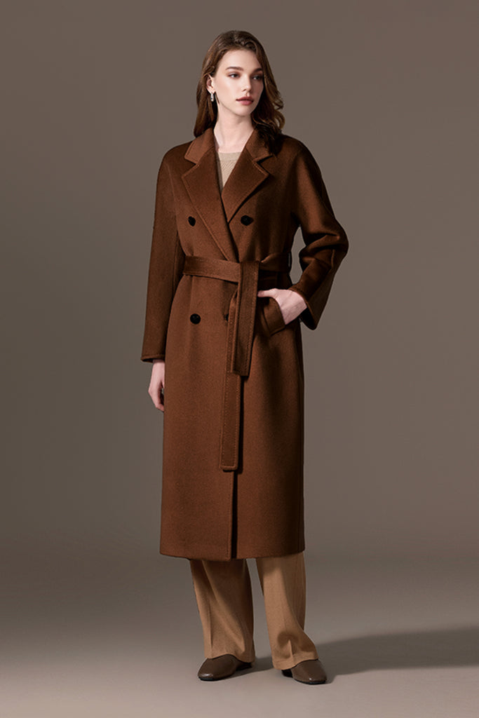 Classic Handcrafted Cashmere Double-Breasted Belted Maxi Coat  Fibflx