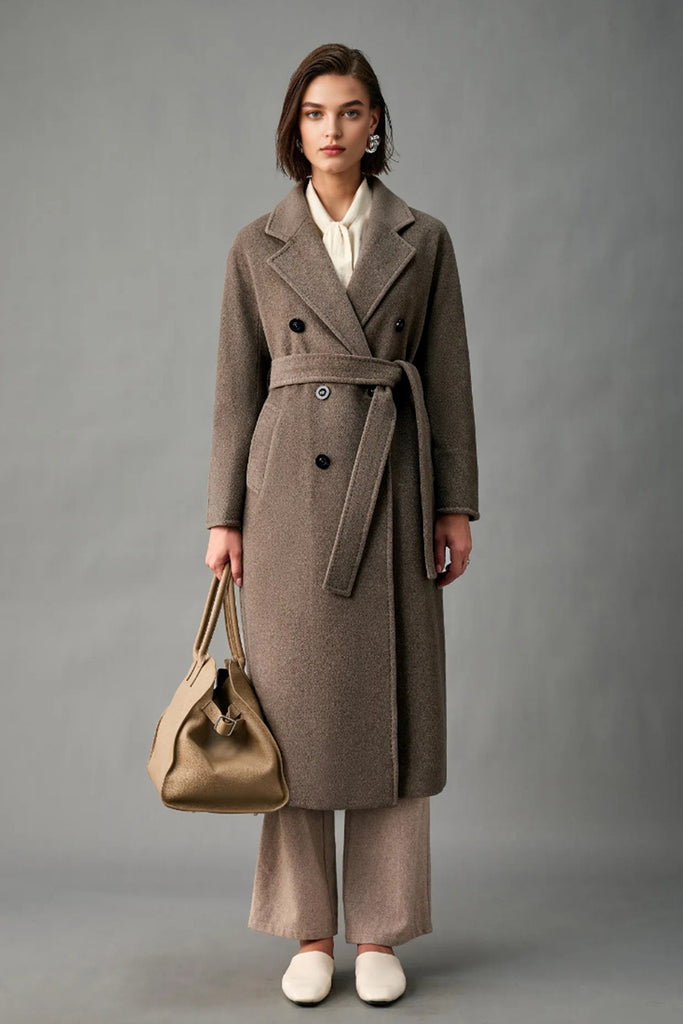 Classic Handcrafted Cashmere Double-Breasted Belted Maxi Coat  Fibflx