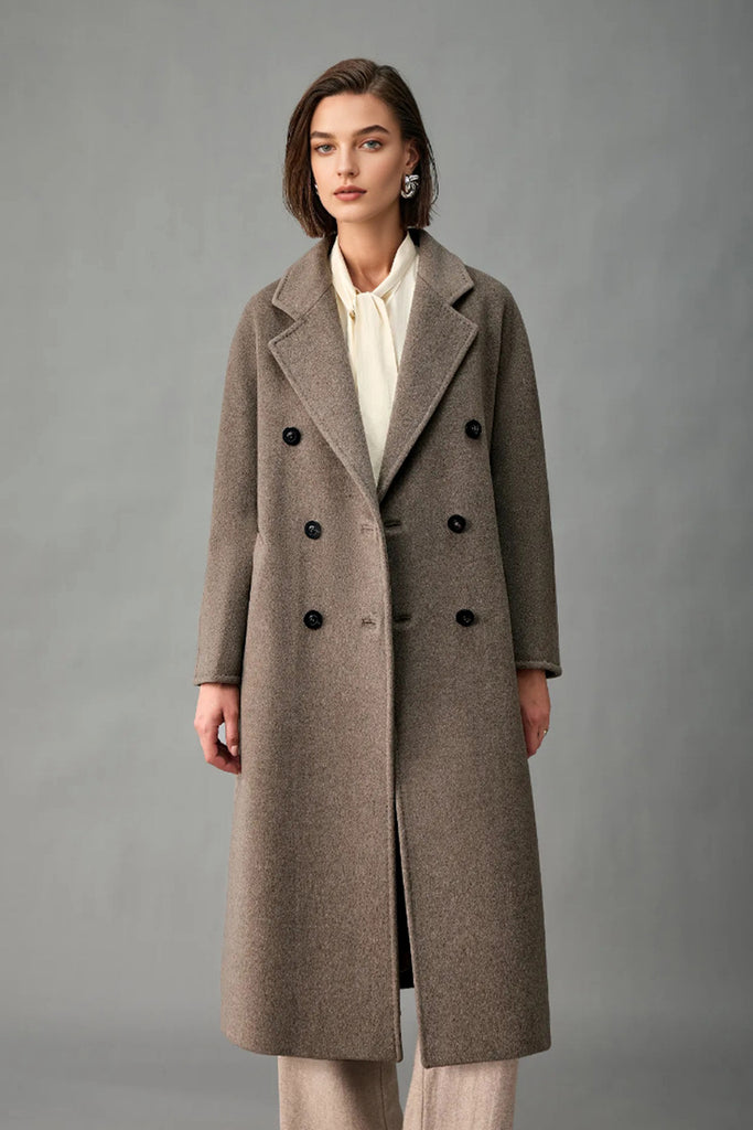 Classic Handcrafted Cashmere Double-Breasted Belted Maxi Coat  Fibflx