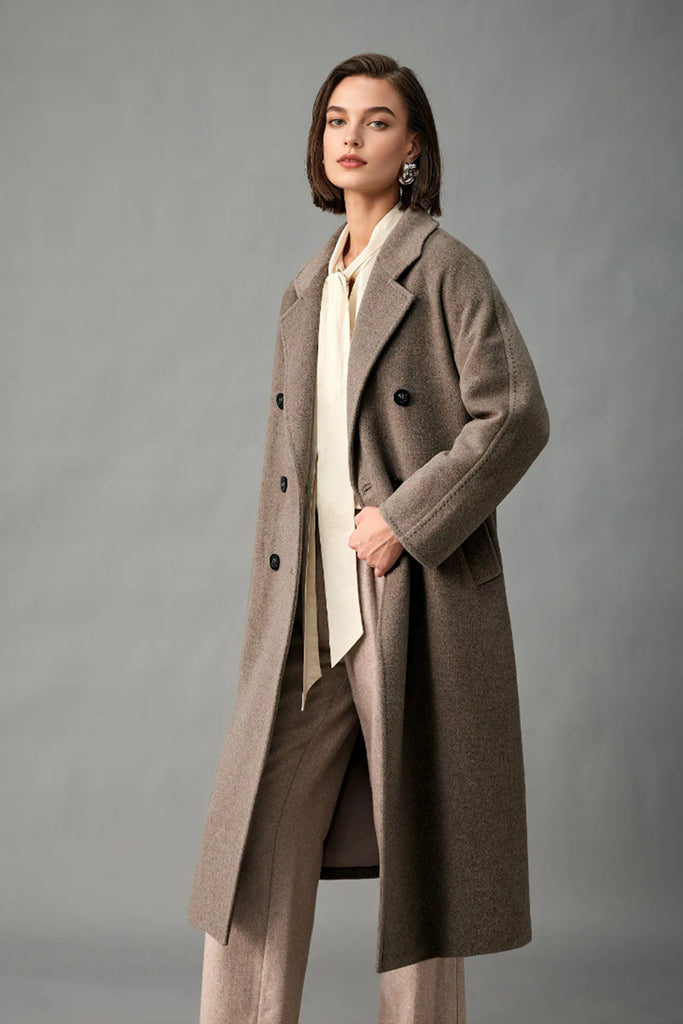 Classic Handcrafted Cashmere Double-Breasted Belted Maxi Coat  Fibflx