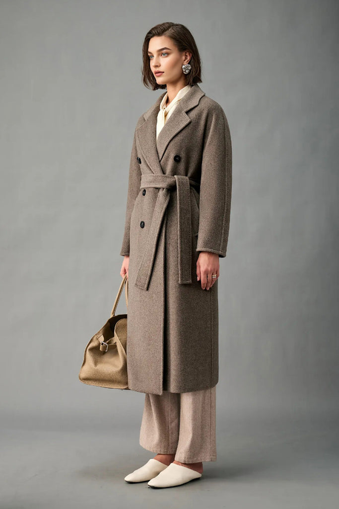 Classic Handcrafted Cashmere Double-Breasted Belted Maxi Coat  Fibflx