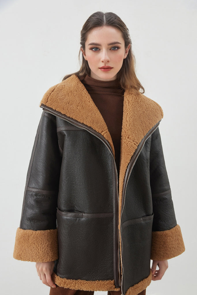 Fibflx Women's Classic Reversible Merino Sheepskin Shearling Coat with Stand Collar