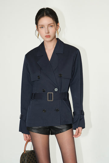 Fibflx Women's Classic Short Double-Breasted Twill Belted Trench Coat in Navy