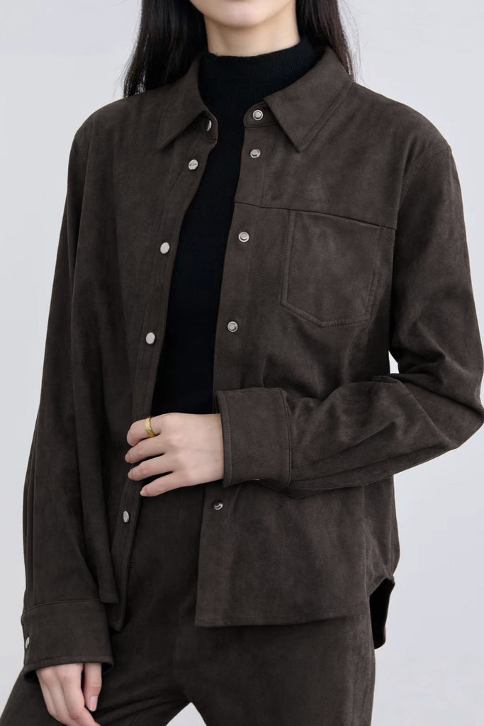 Classic Suede Snap-Button Shirt Jacket Dark Brown / L / 92% Recycled Polyester 8% Spandex Fibflx