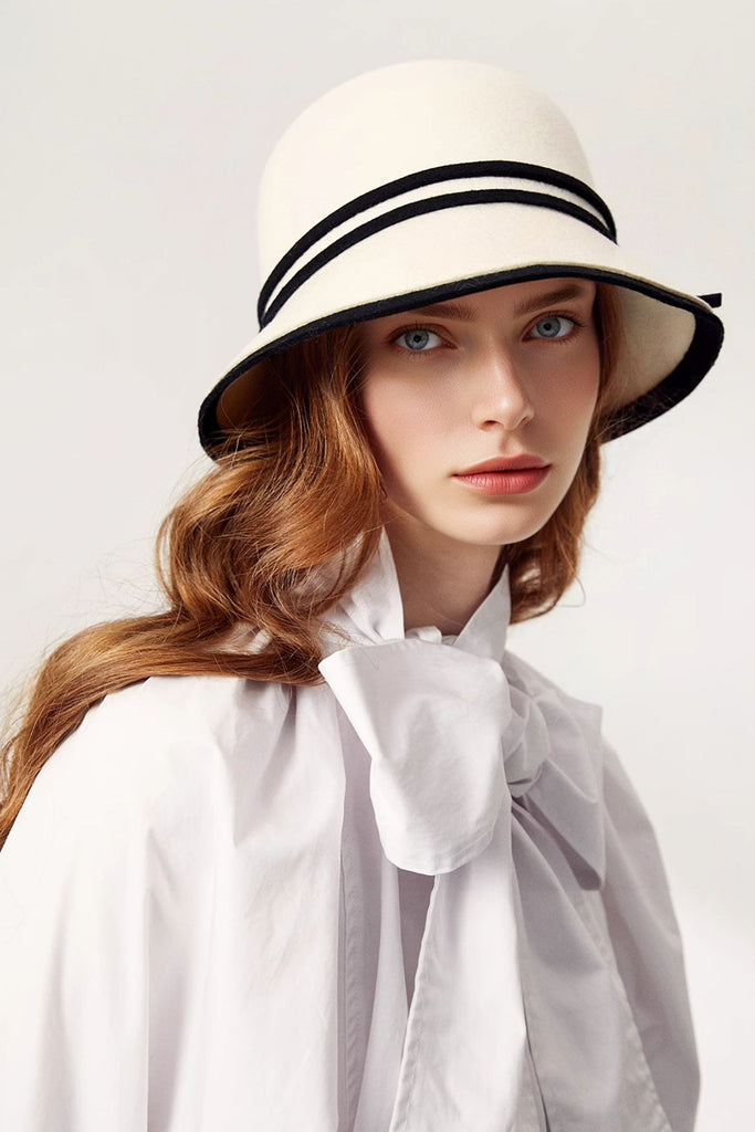 Classic Trimmed Wool Felt Cloche Hat with Bow - Fibflx
