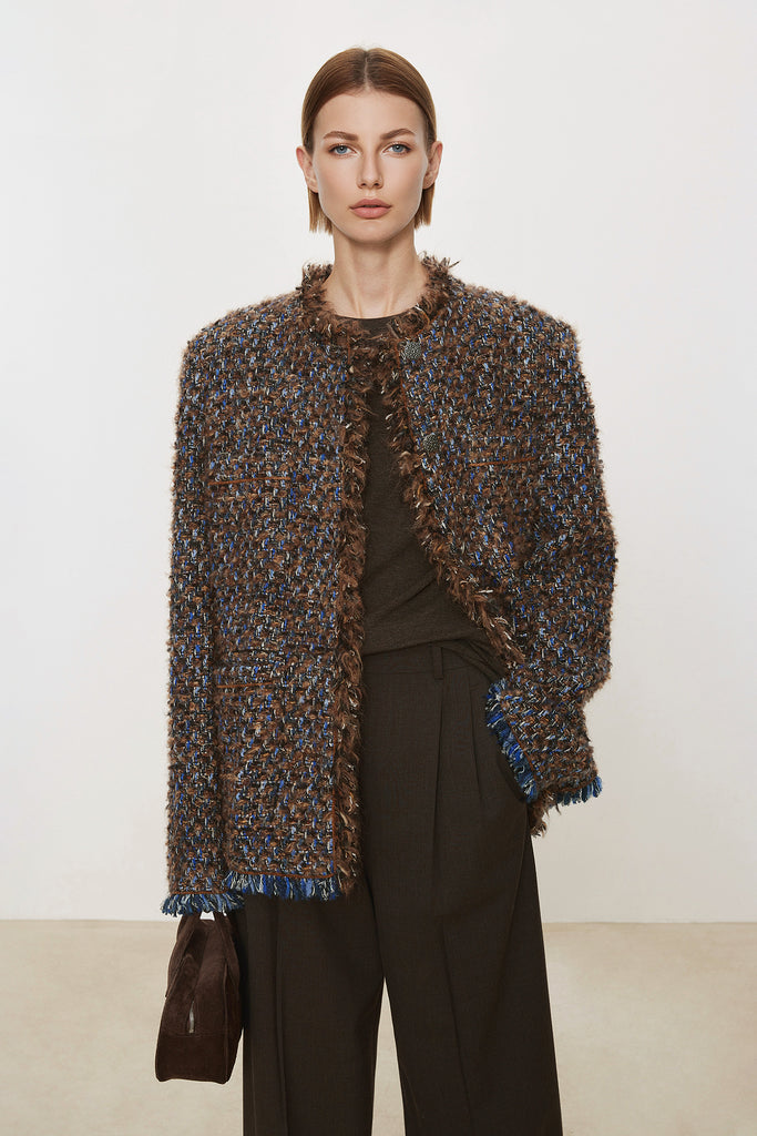 Classic Wool Boucle Tweed Jacket with Fringe  Fibflx