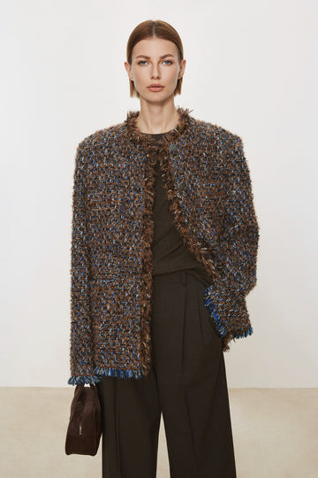 Classic Wool Boucle Tweed Jacket with Fringe  Fibflx